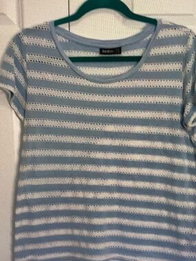 Light Blue & White Striped Open-Knit Short Sleeve Tee